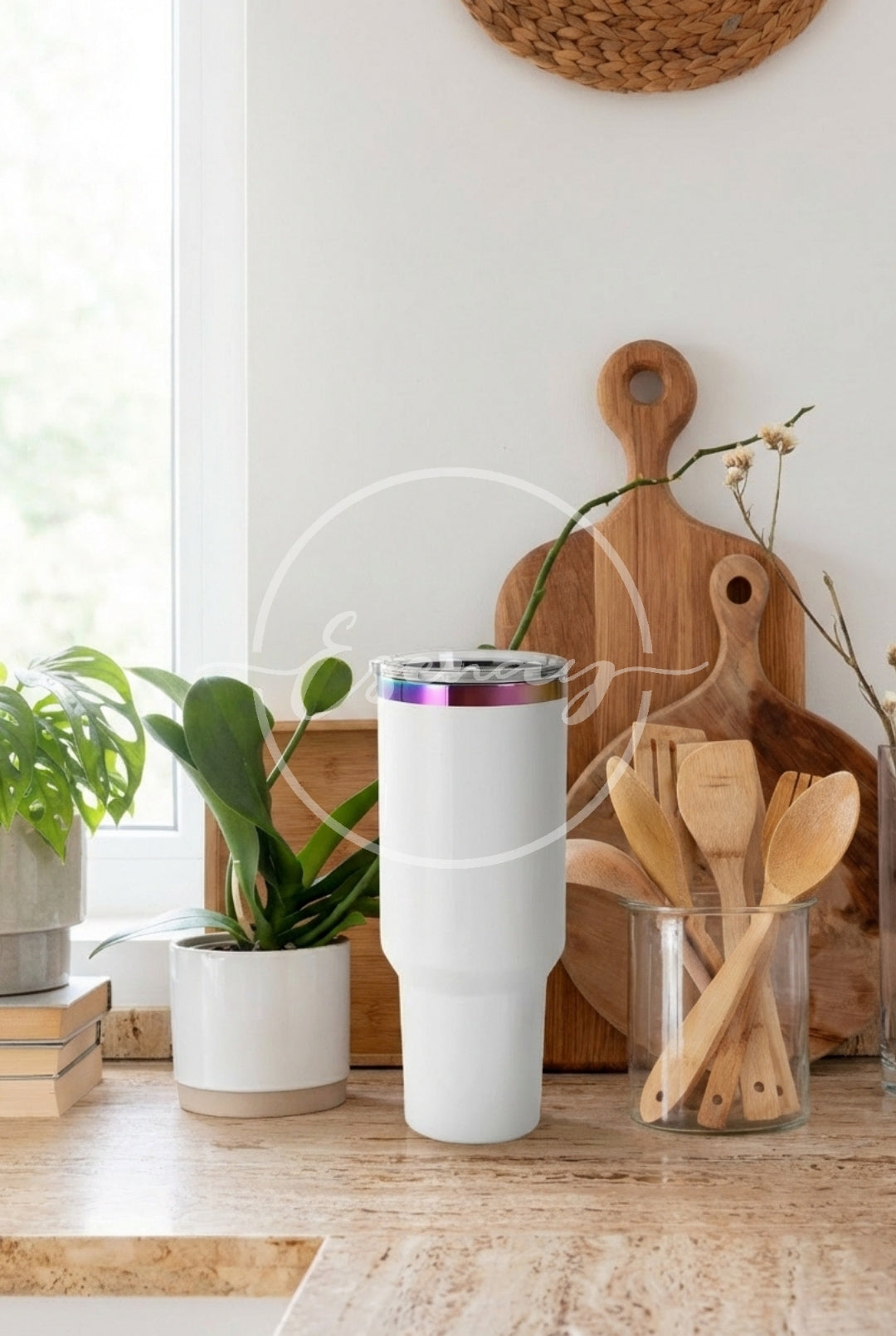MakerFlo 40oz Rainbow Electroplated Tumbler Image | 1 Styled Image Mockup | White w/o Handle