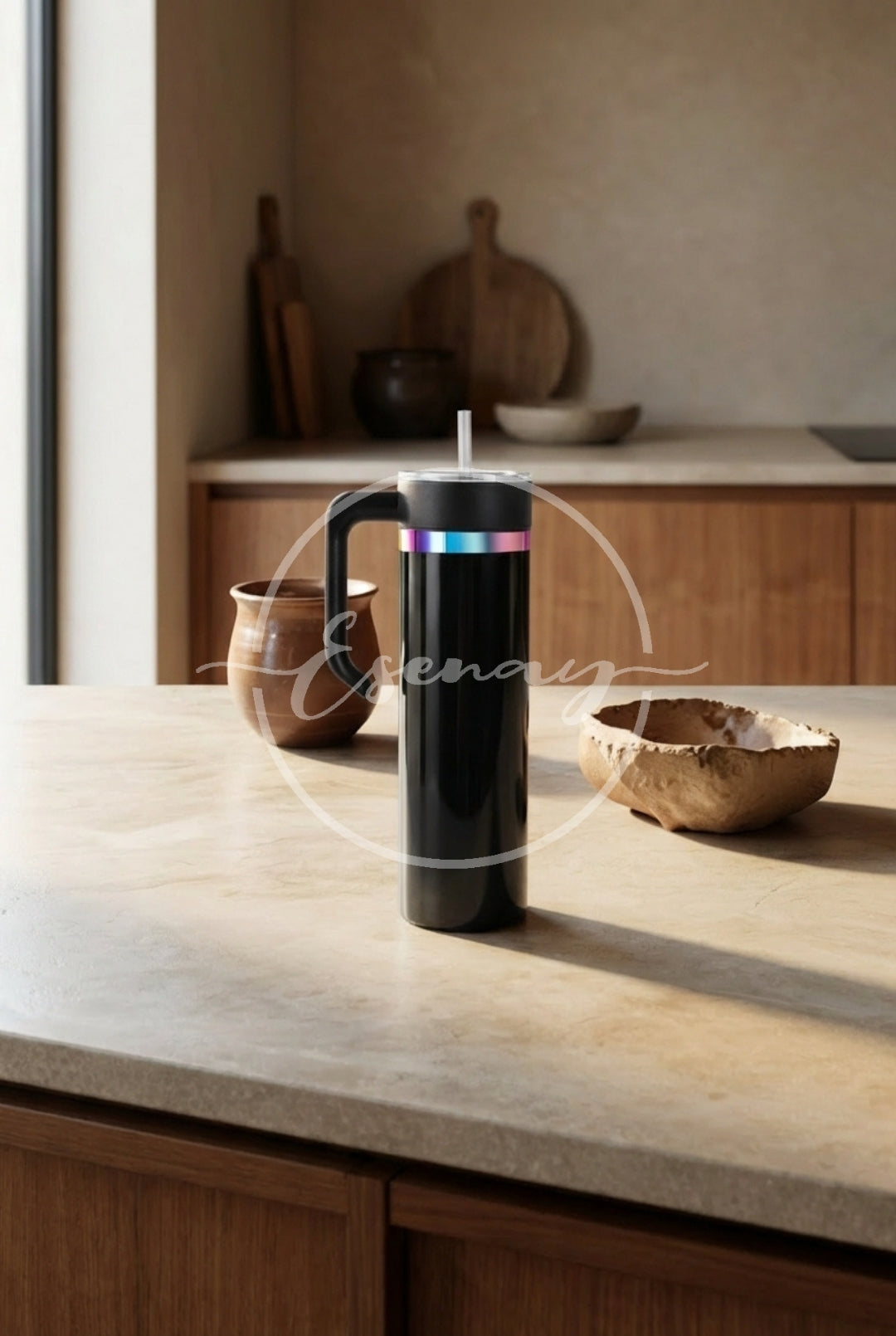 MakerFlo 20oz Skinny Rainbow Electroplated Tumbler Image | 1 Styled Image Mockup | Black w/ Handle