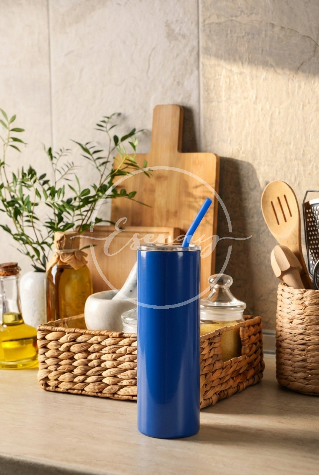 MakerFlo 20oz Skinny Tumbler Image | 1 Styled Image Mockup | Blue