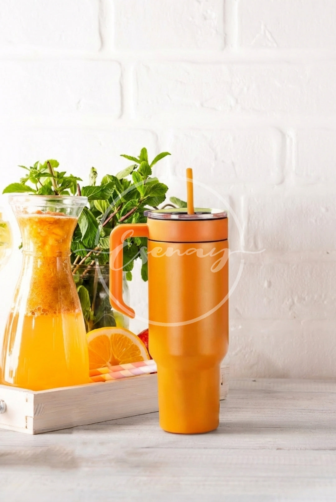 MakerFlo 40oz Tumbler w/ Handle Image | 1 Styled Image Mockup | Orange