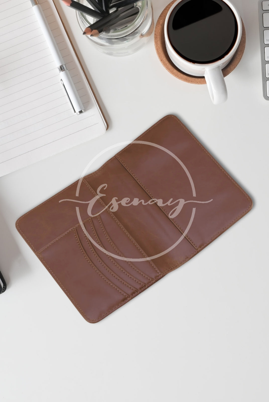MakerFlo Laserette Passport Wallet Images Set | 2 Styled Image Mockups | Dark Brown