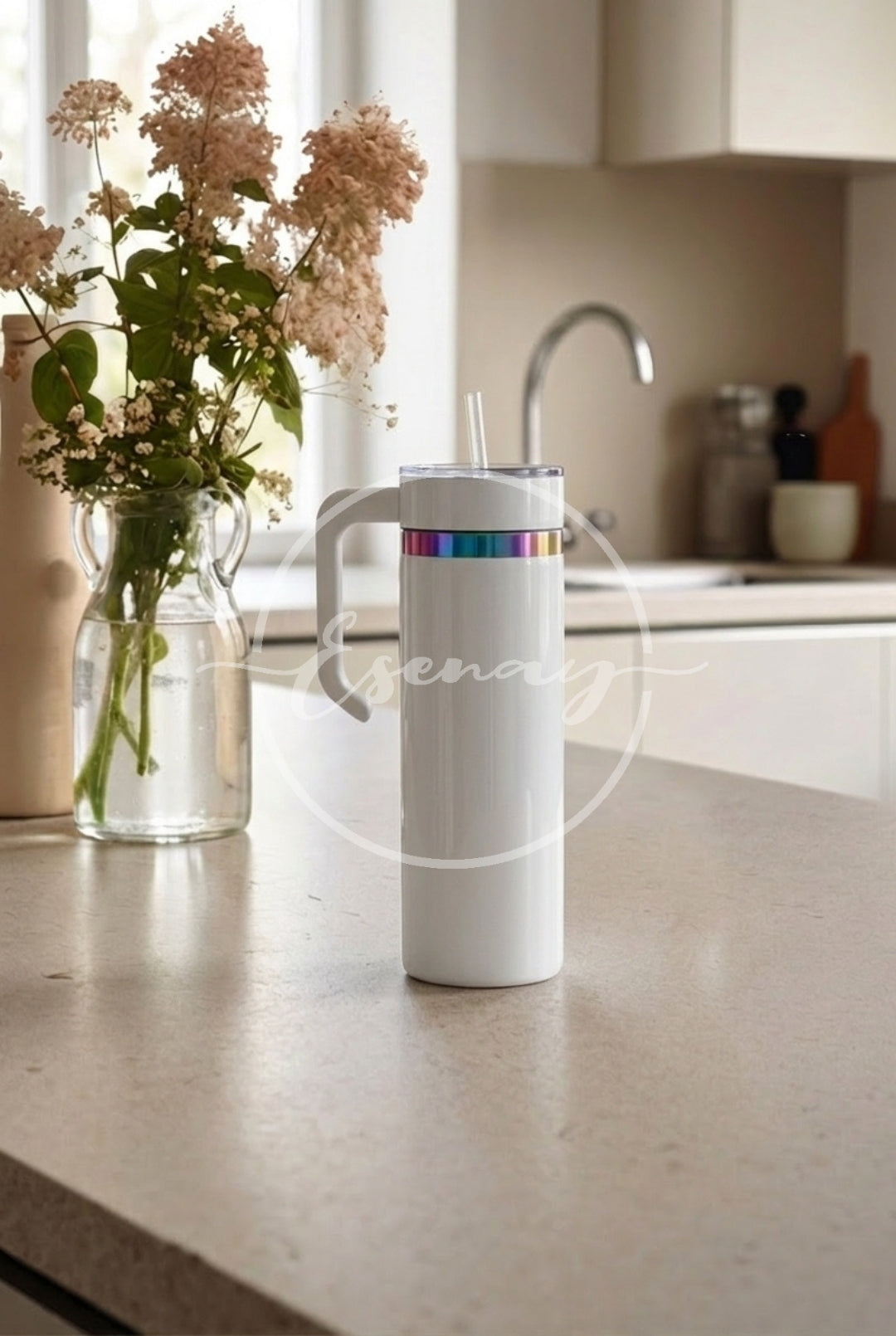 MakerFlo 20oz Skinny Rainbow Electroplated Tumbler Image | 1 Styled Image Mockup | White w/ Handle