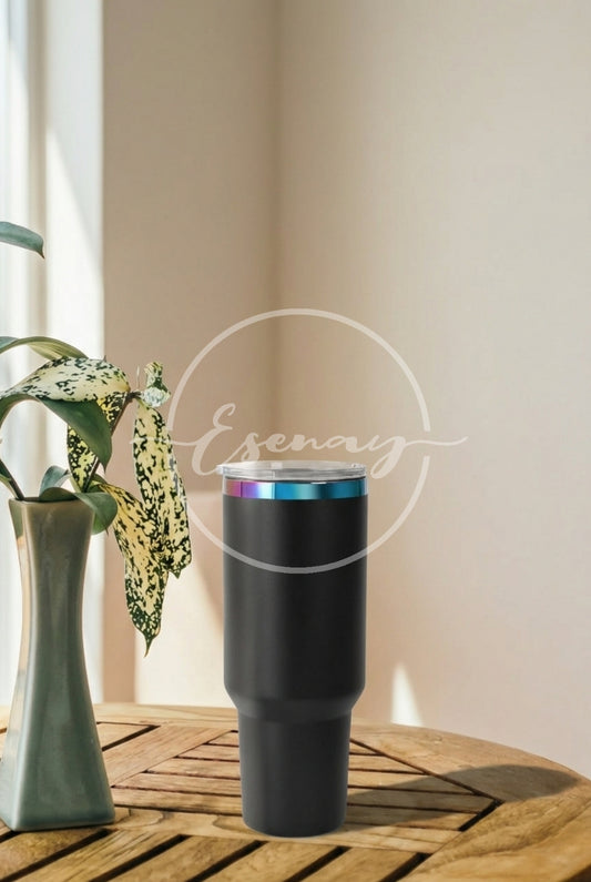 MakerFlo 40oz Rainbow Electroplated Tumbler Image | 1 Styled Image Mockup | Black w/o Handle