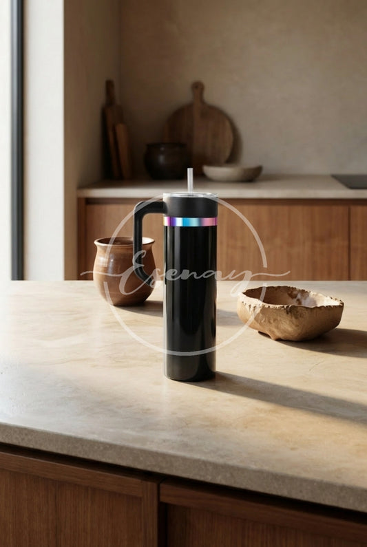 MakerFlo 20oz Skinny Rainbow Electroplated Tumbler Image | 1 Styled Image Mockup | Black w/ Handle