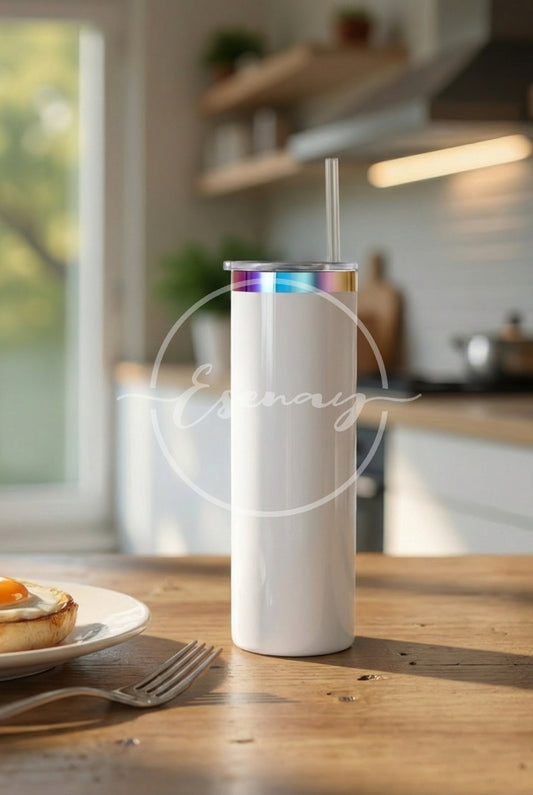 MakerFlo 20oz Skinny Rainbow Electroplated Tumbler Image | 1 Styled Image Mockup | White w/o Handle