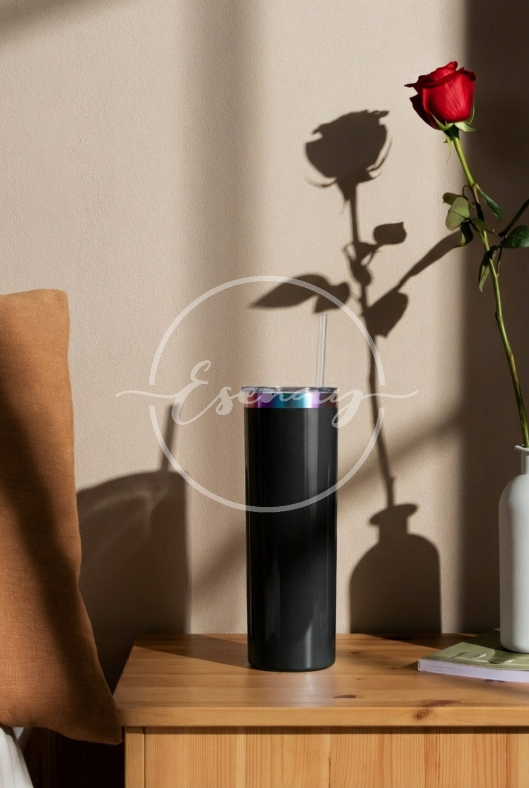 MakerFlo 20oz Skinny Rainbow Electroplated Tumbler Image | 1 Styled Image Mockup | Black w/o Handle