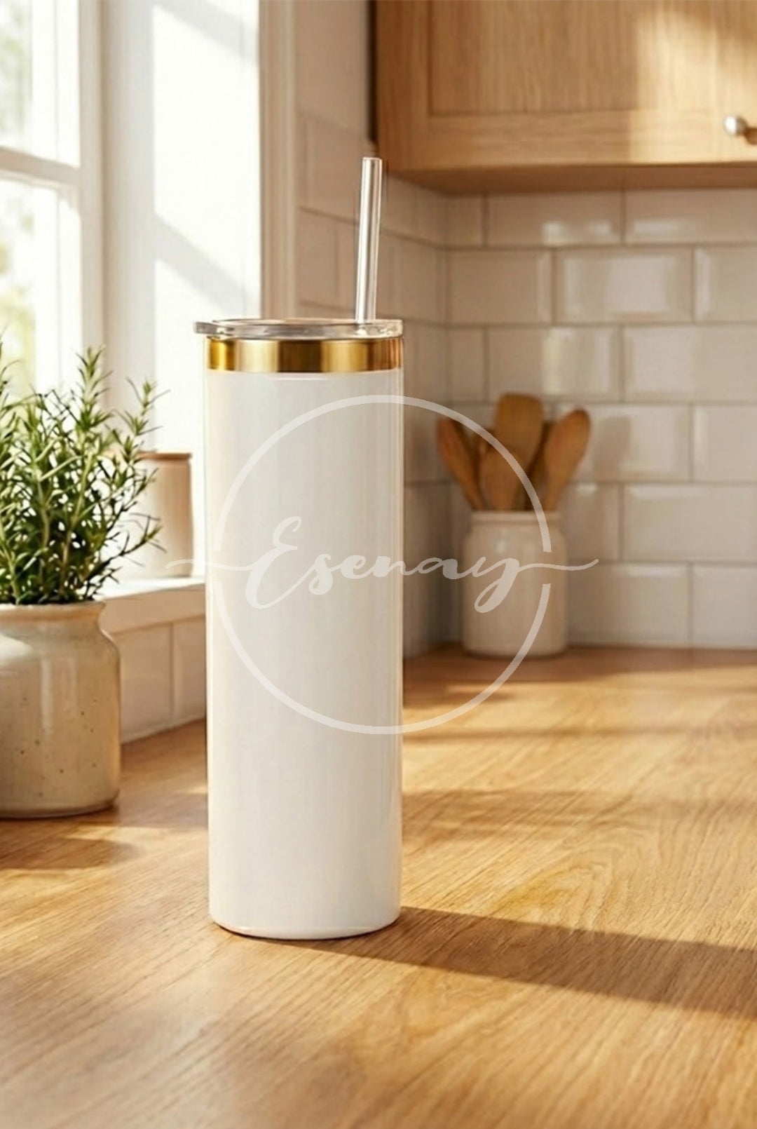 MakerFlo 20oz Skinny Gold Electroplated Tumbler Image | 1 Styled Image Mockup | White w/o Handle
