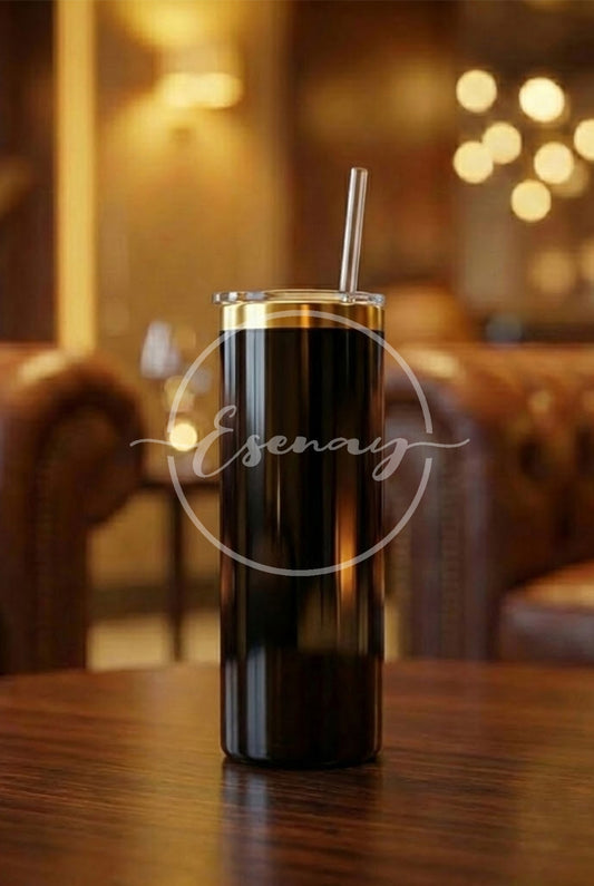 MakerFlo 20oz Skinny Gold Electroplated Tumbler Image | 1 Styled Image Mockup | Black w/o Handle