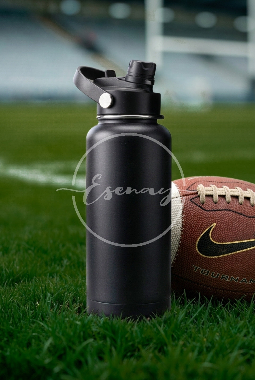 MakerFlo 32oz Hydro Bottle Image | 1 Styled Image Mockup | Football Theme | Black