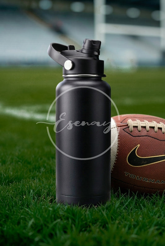 MakerFlo 32oz Hydro Bottle Image | 1 Styled Image Mockup | Football Theme | Black