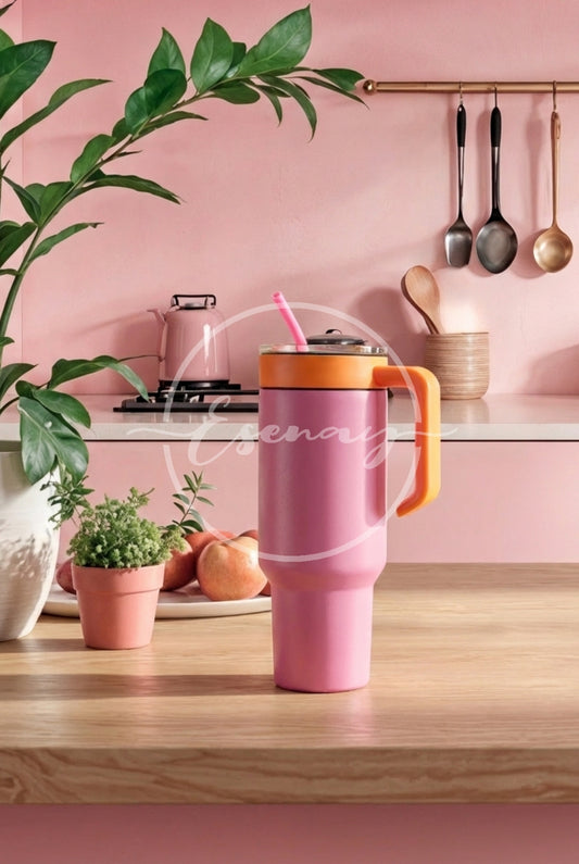 MakerFlo 40oz Tumbler w/ Handle Image | 1 Styled Image Mockup | Pink/Orange