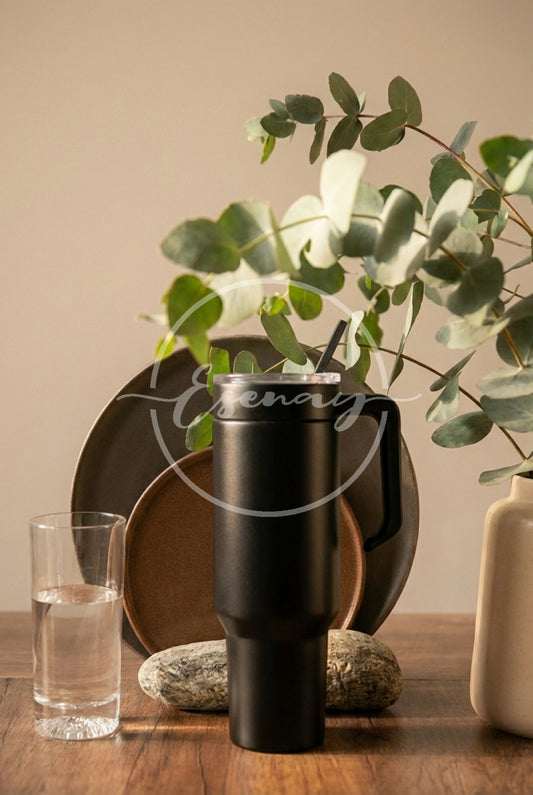 MakerFlo 40oz Tumbler w/ Handle Image | 1 Styled Image Mockup | Black
