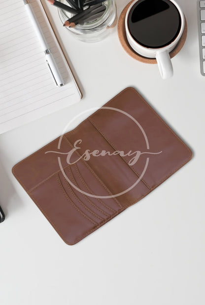 MakerFlo Laserette Passport Wallet Images Set | 2 Styled Image Mockups | Dark Brown