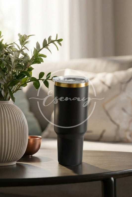 MakerFlo 40oz Gold Electroplated Tumbler Image | 1 Styled Image Mockup | Black w/o Handle