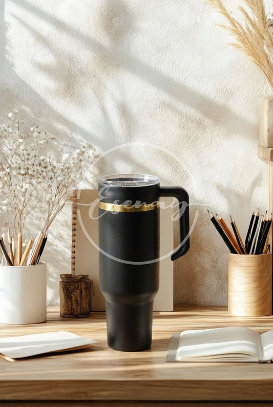 MakerFlo 40oz Gold Electroplated Tumbler Image | 1 Styled Image Mockup | Black w/ Handle