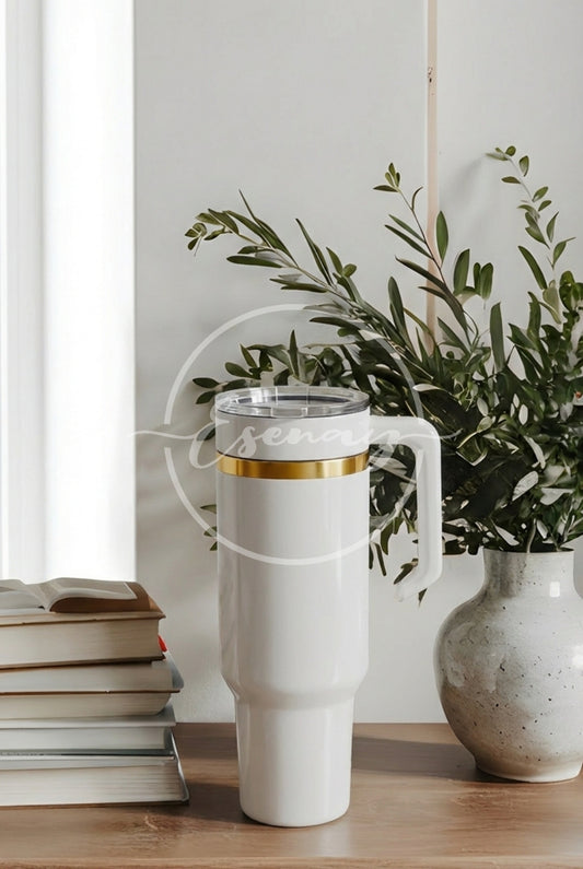 MakerFlo 40oz Gold Electroplated Tumbler Image | 1 Styled Image Mockup | White w/ Handle