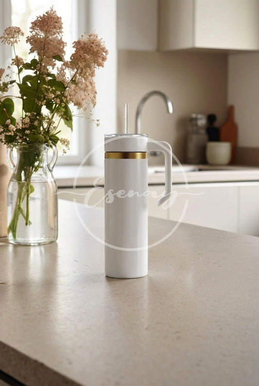 MakerFlo 20oz Skinny Gold Electroplated Tumbler Image | 1 Styled Image Mockup | White w/ Handle
